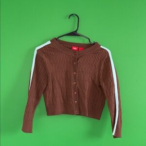 Vintage Y2K Mossimo Brown Cropped Cardigan with Blue Stripes + Heart Detail